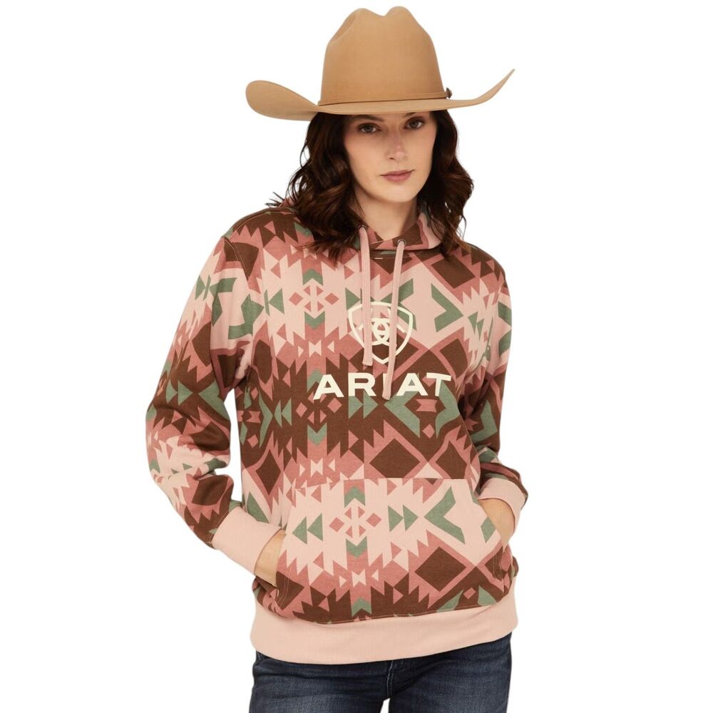 Ariat Boot Barn Southwestern Aztec Print Logo Hoodie Women’s Medium Tan Pink